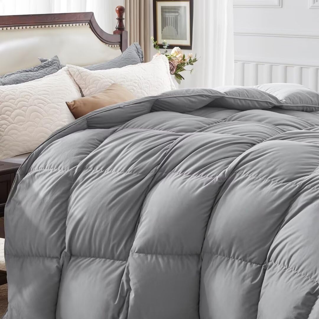 Ultra-Soft Down Feather Comforter King Size,Luxurious Hotel Collection Fluffy Duvet Insert for All Season,Noiseless Shell,700 Filling Power,Medium Weight with Corner Tabs,Grey