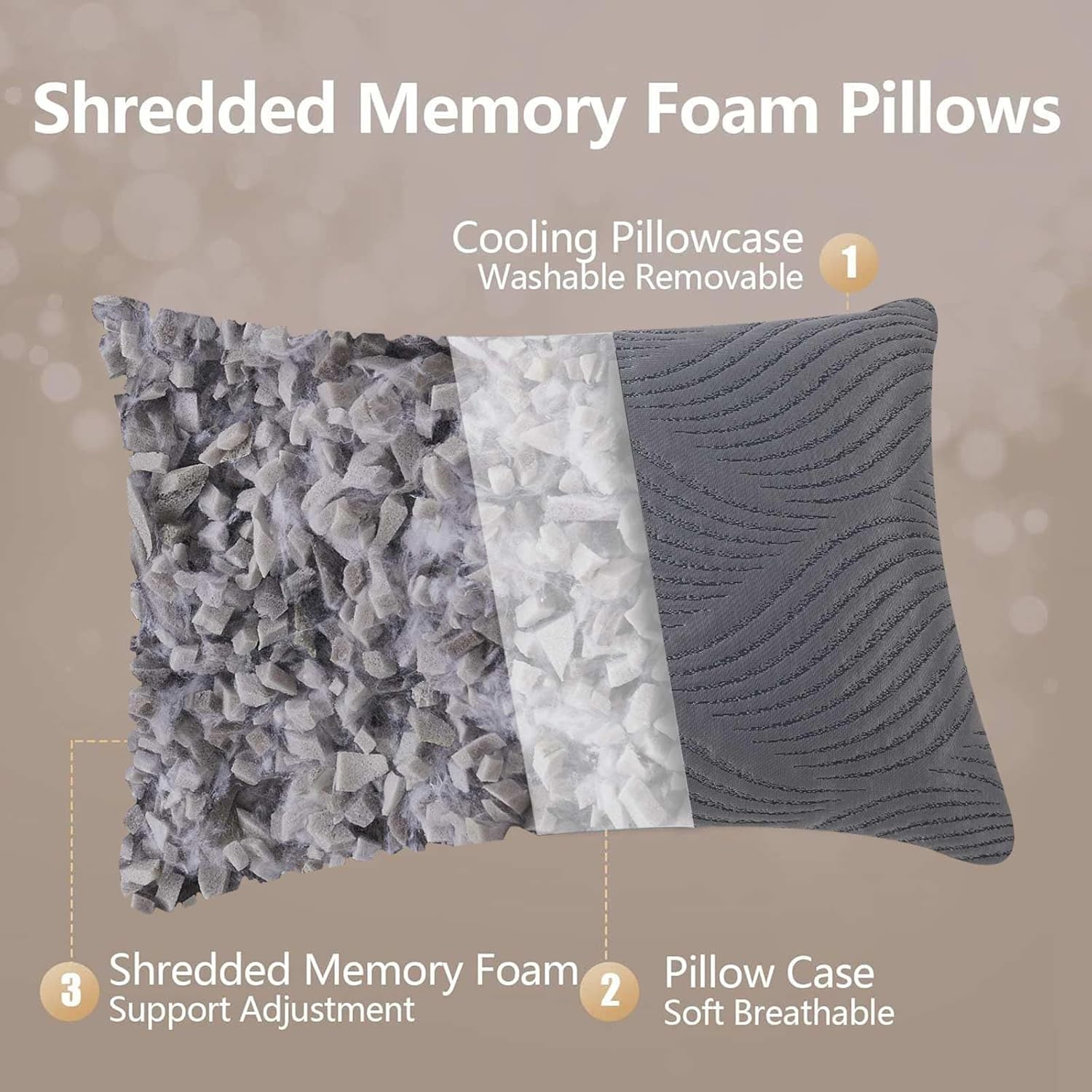 Pillows Queen Size Set of 2 Cooling Memory Foam Pillows for Sleeping Adjustable Medium Firm Back and Side Sleeper