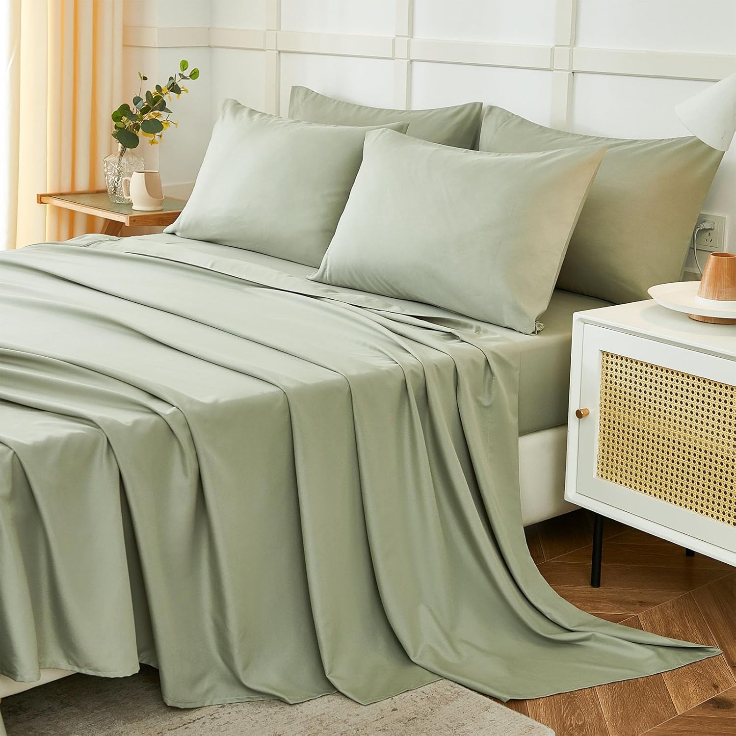 Six-piece sheet set, hotel-grade luxury ultra-soft 1800 series microfiber queen sheet set - wrinkle-resistant and breathable - 14-inch deep pocket sheet, fits queen size beds (queen size, sage green).