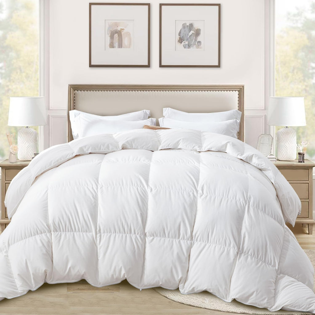 Ultra-Soft Down Feather Comforter King Size,Luxurious Hotel Collection Fluffy Duvet Insert for All Season,Noiseless Shell,700 Filling Power,Medium Weight with Corner Tabs, White
