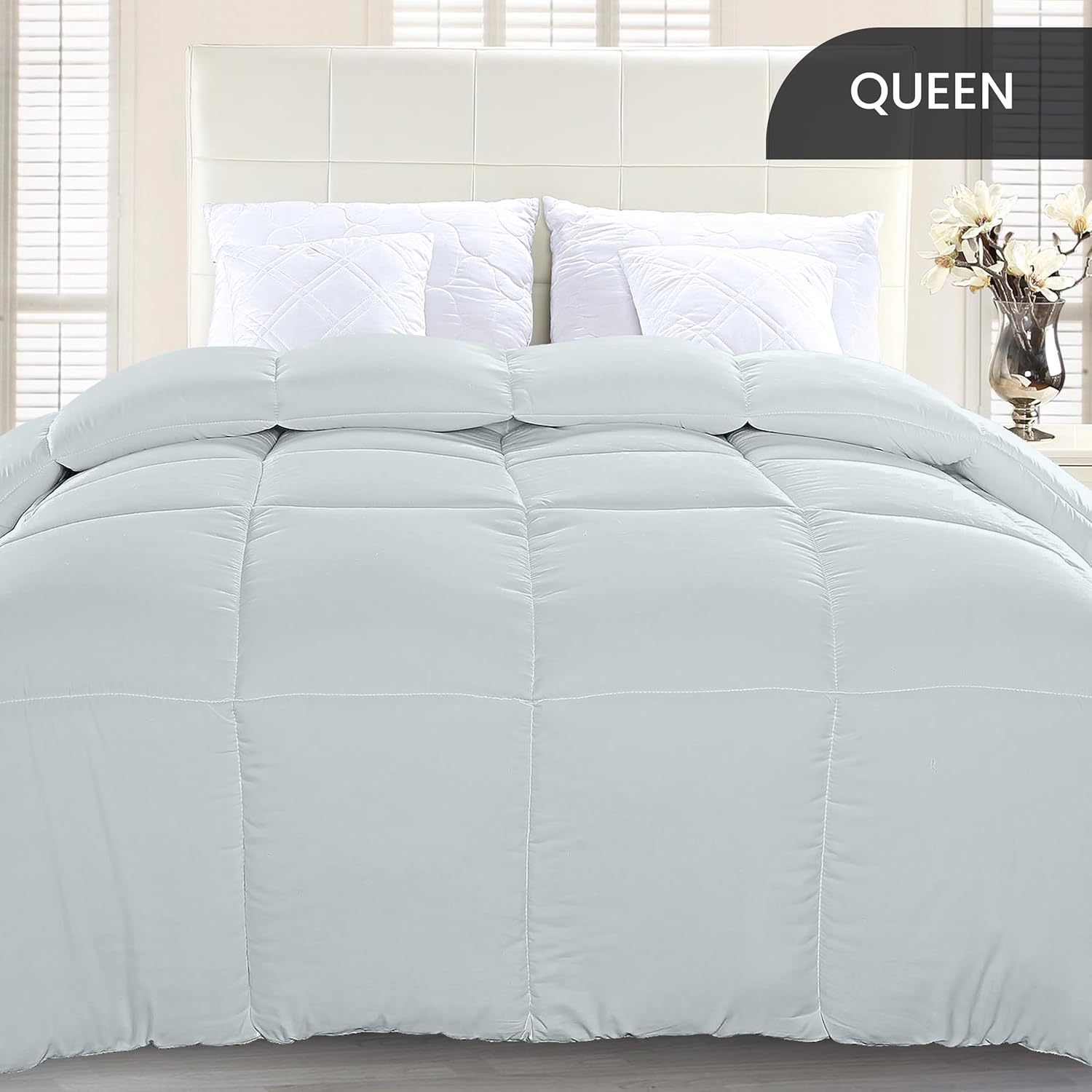 Comforter Duvet Insert, Quilted Comforter with Corner Tabs, Box Stitched Down Alternative Comforters Queen Size (Light Grey)
