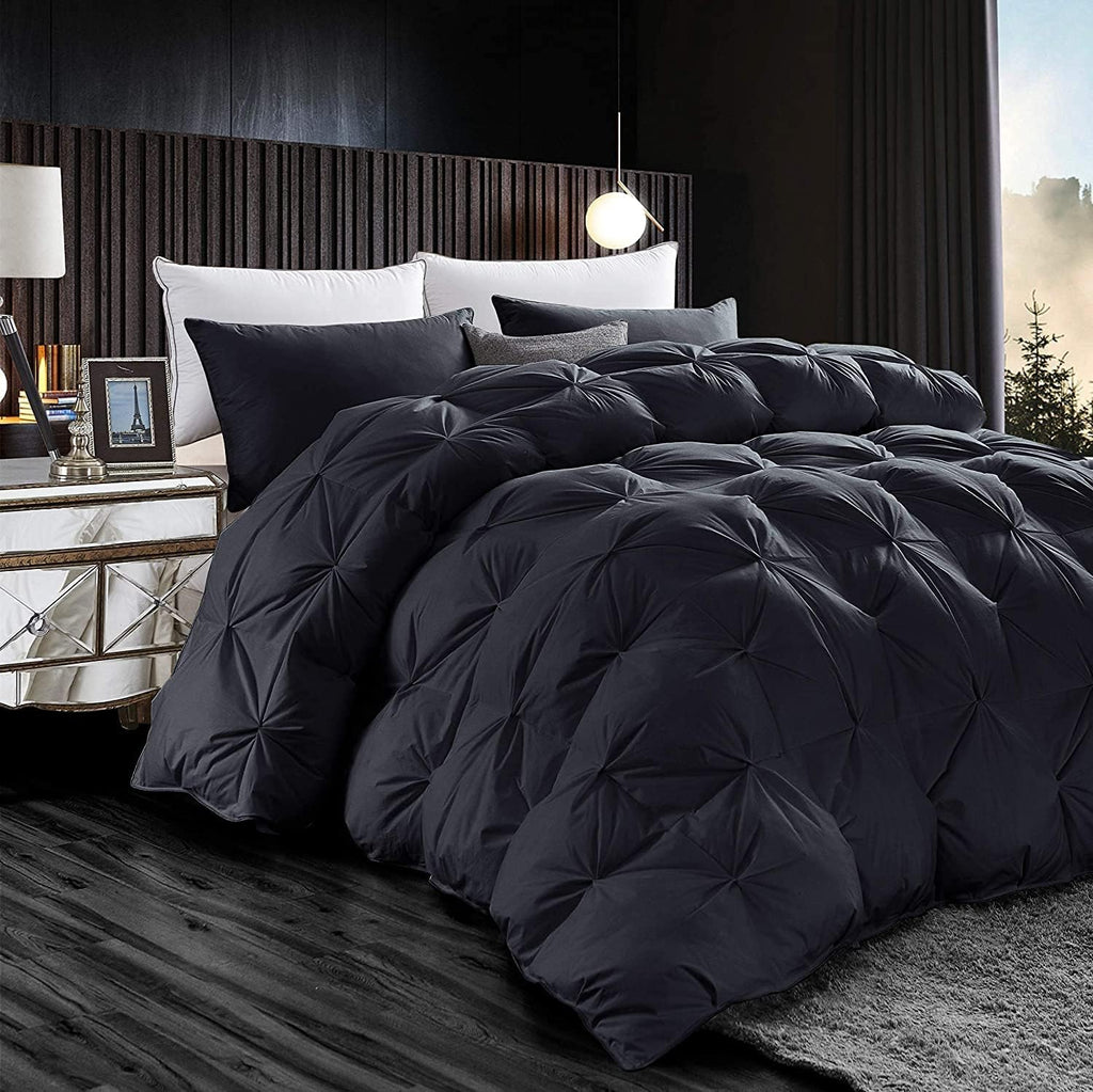 Luxurious All-Season Goose Down Feather Fiber Comforter Queen Size Duvet Insert, Exquisite Black Pinch Pleat Design, Premium Baffle Box, 100% Egyptian Cotton Cover, 65 oz. Fill Weight, Black