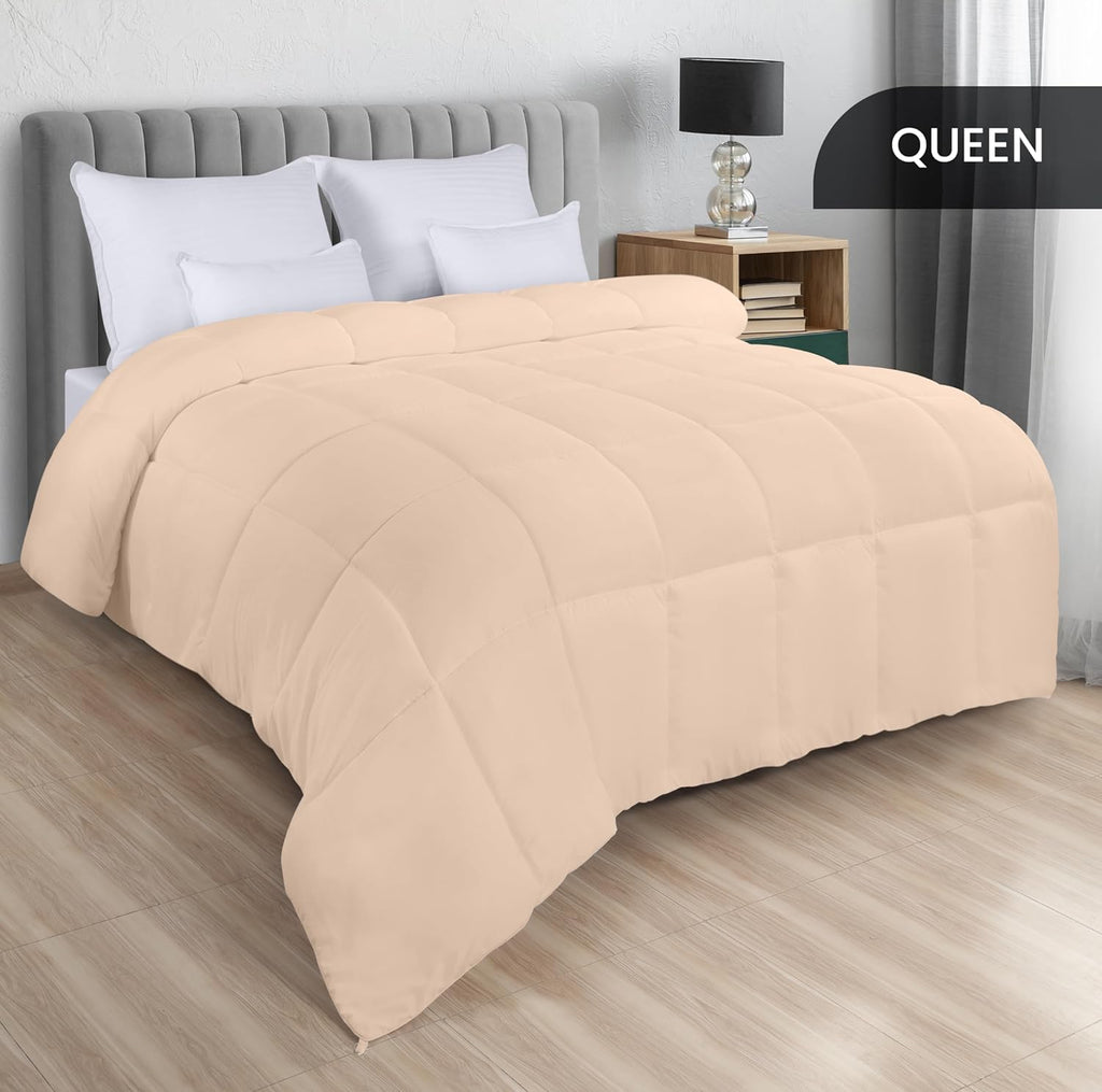 Comforters Queen Size, All Season Duvet Insert, Down Alternative Box Stitched Bed Comforter with Corner Tabs, Machine Washable (Beige)