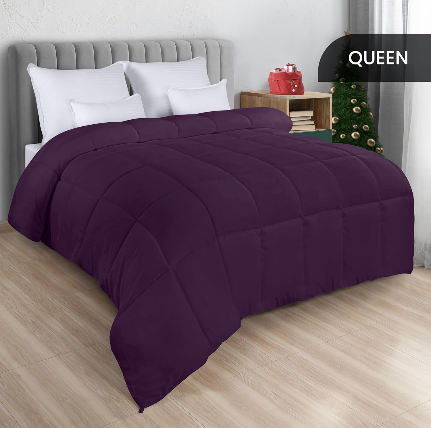 Comforters Queen Size, All Season Duvet Insert, Down Alternative Box Stitched Bed Comforter with Corner Tabs, Machine Washable (Plum)