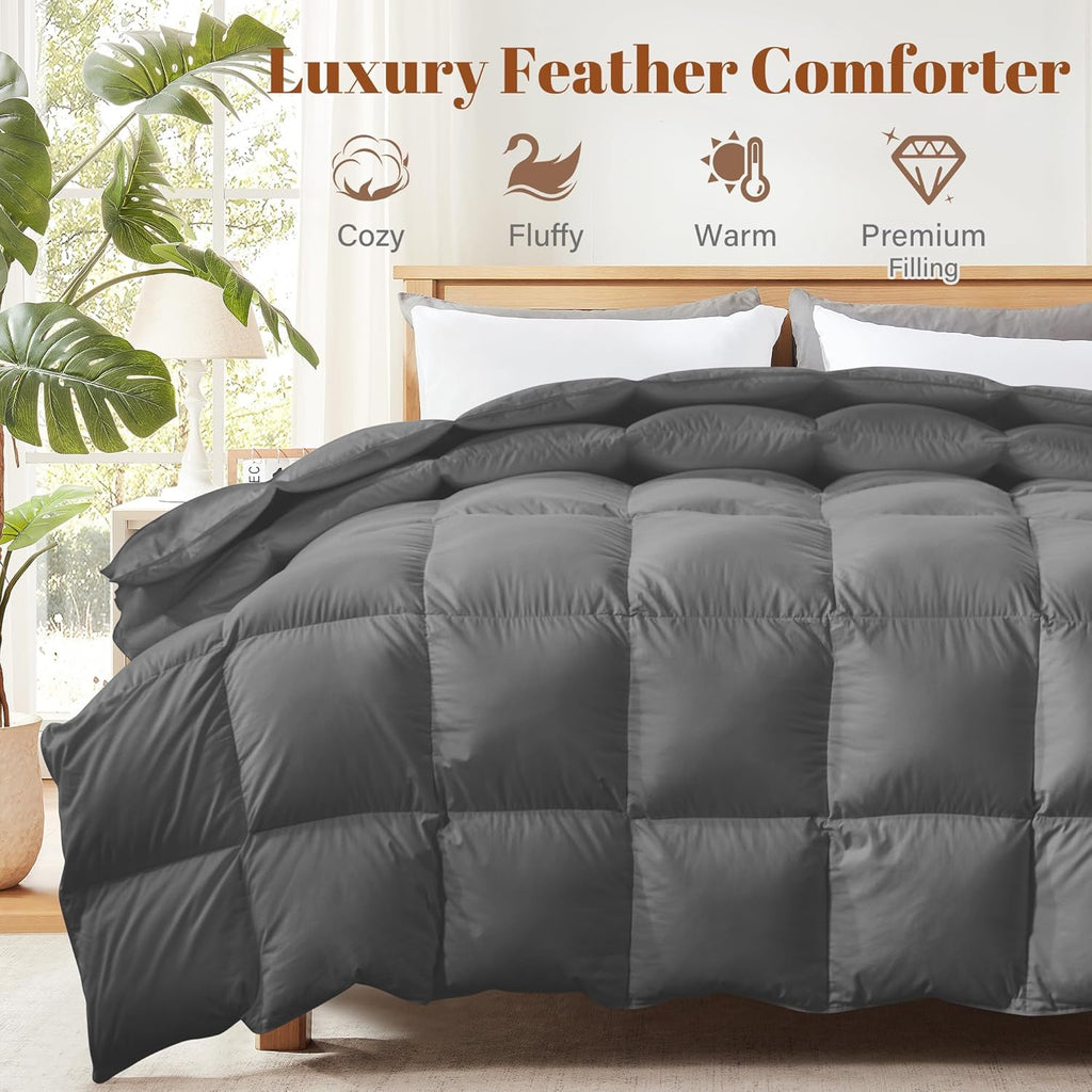 Heavyweight King Size Feather Down Fiber Comforter - Fluffy Dark Grey Thicker Winter Duvet Insert, Ultra Soft 100% Cotton Cover, Luxury Hotel Bedding with Corner Tabs, 68"x90"