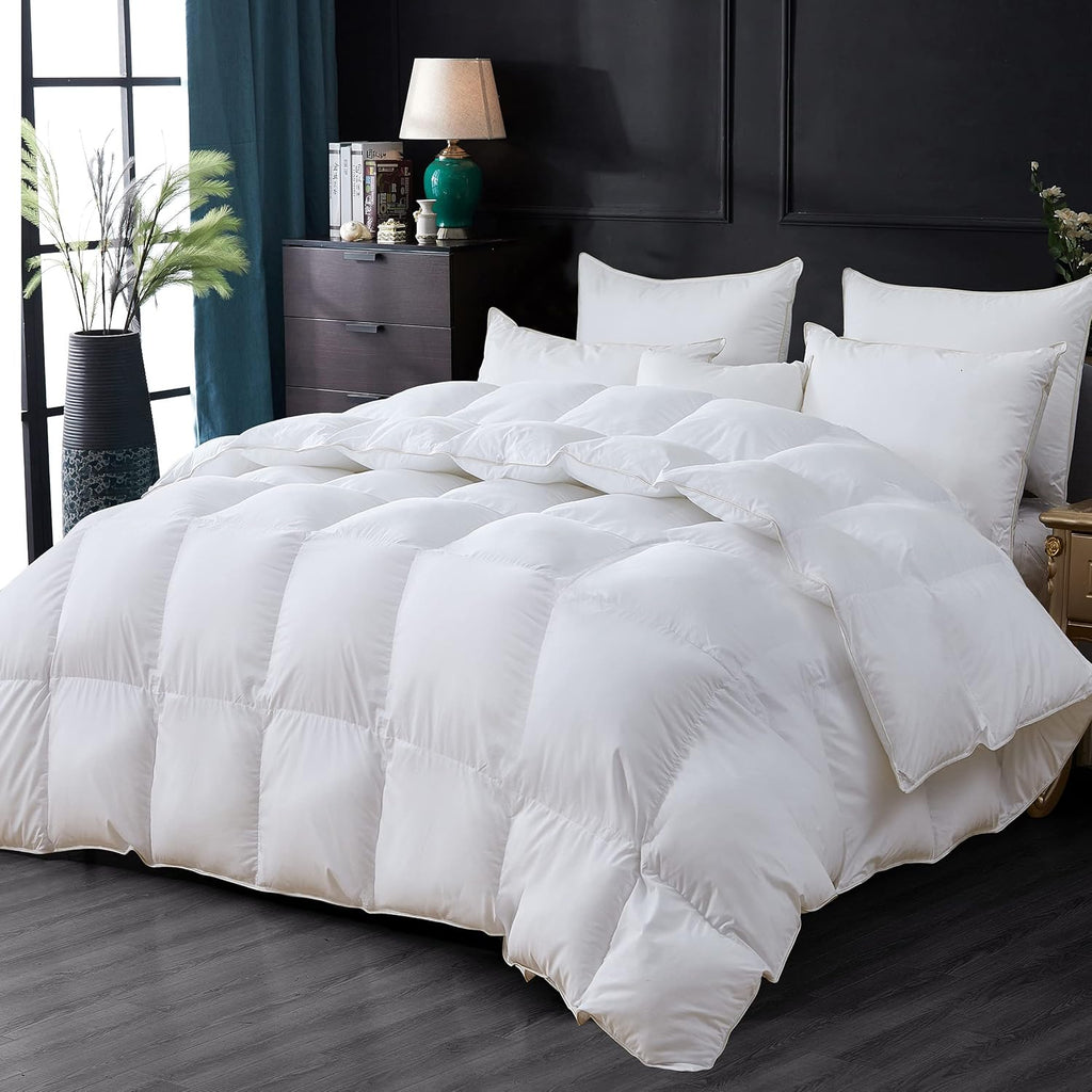 Luxurious All-Season Goose Down Feather Fiber Comforter Queen Size Duvet Insert, Premium White Solid Plain Design, Premium Baffle Box, 100% Egyptian Cotton, 70 oz Fill Weight