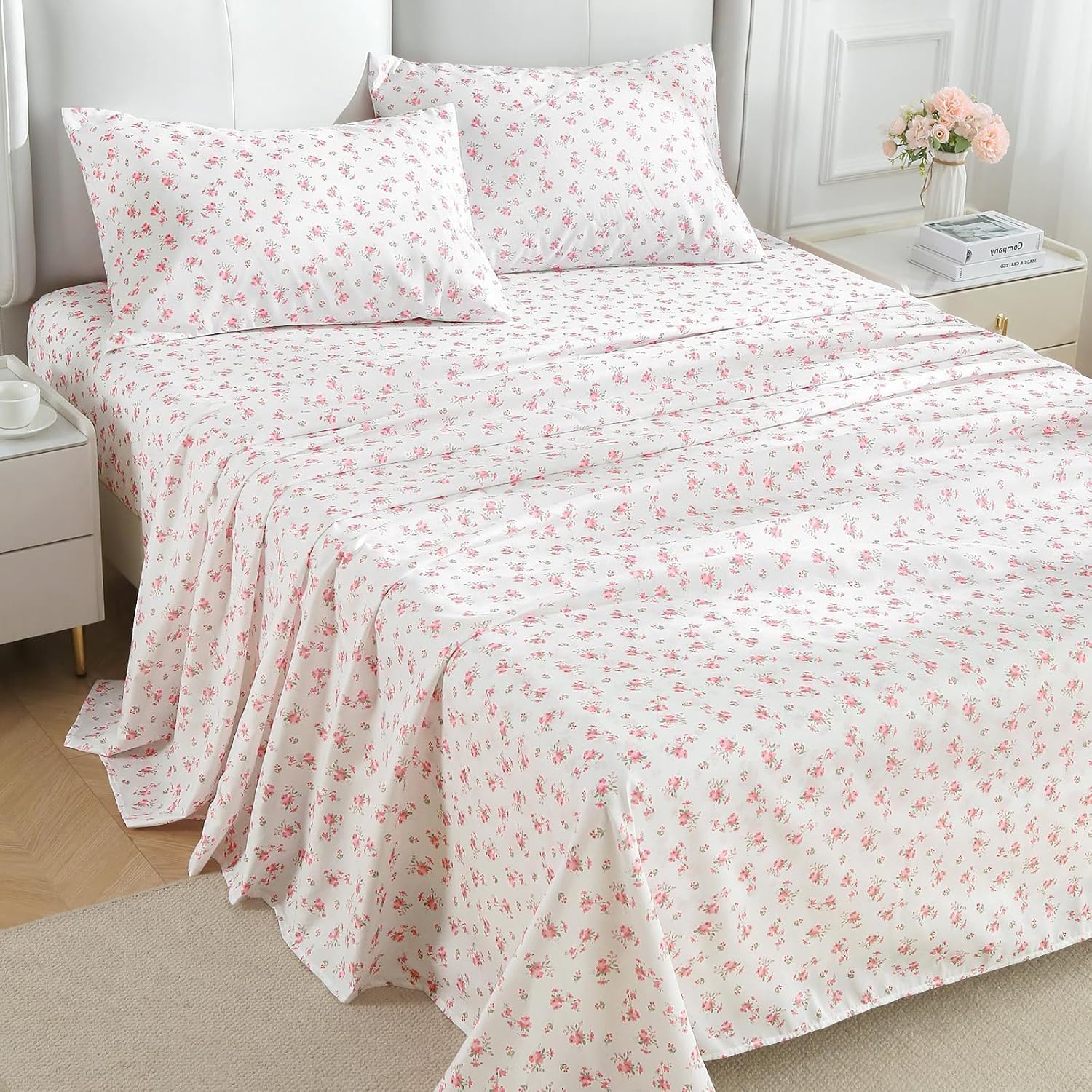 Full-size four-piece sheet set, soft and breathable, bedroom-friendly, deep pocket design, accommodates mattresses up to 16 inches thick, wrinkle-resistant and cool