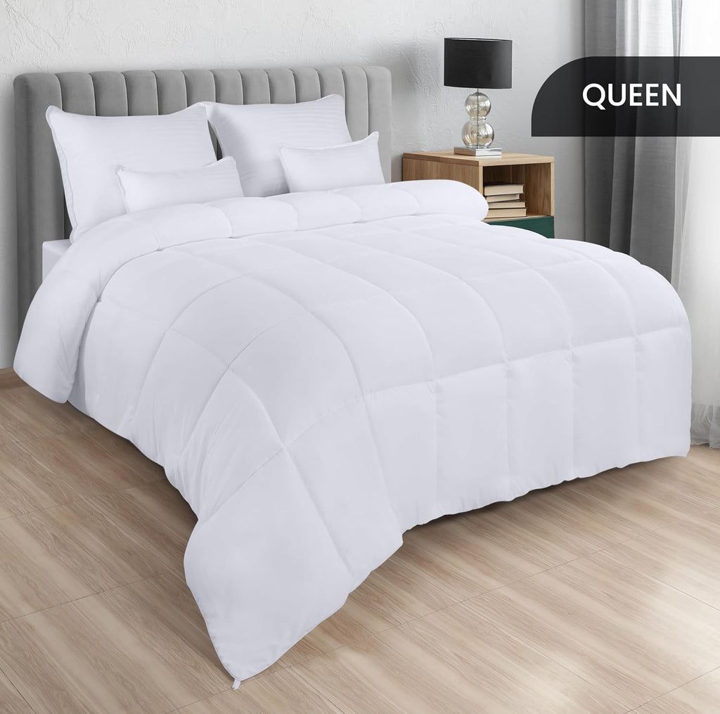 Comforters Queen Size, All Season Duvet Insert, Down Alternative Box Stitched Bed Comforter with Corner Tabs, Machine Washable (White)