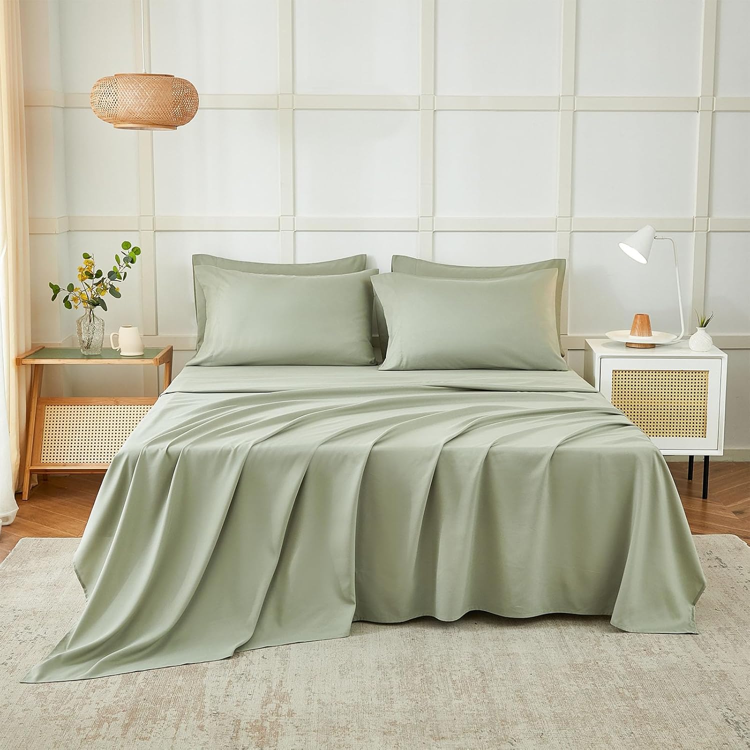 Six-piece sheet set, hotel-grade luxury ultra-soft 1800 series microfiber queen sheet set - wrinkle-resistant and breathable - 14-inch deep pocket sheet, fits queen size beds (queen size, sage green).