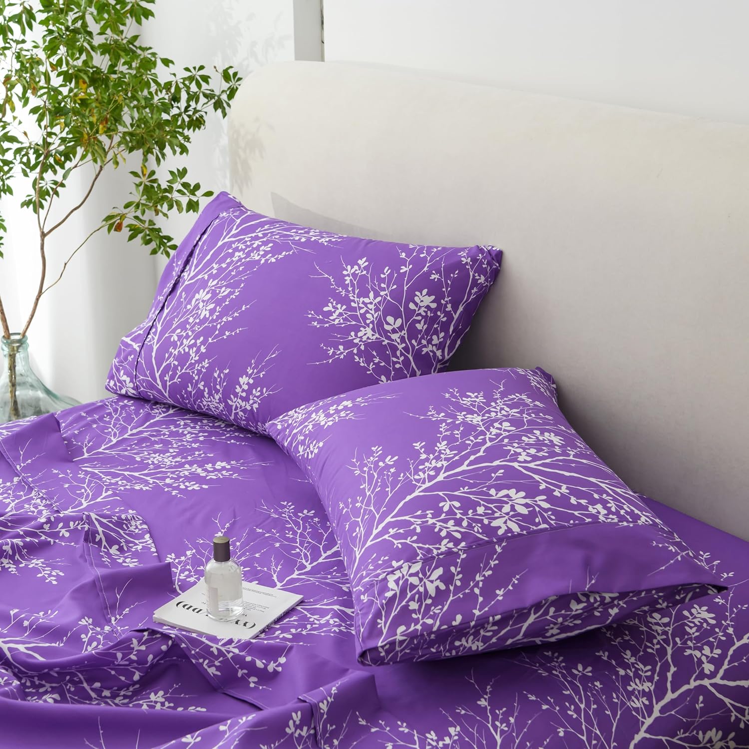 Home extra-large sheet set - pure microfiber four-piece polyester sheet, fitted sheet and pillowcases - extra-large sheets suitable for all seasons (leaf purple/white, extra-large)
