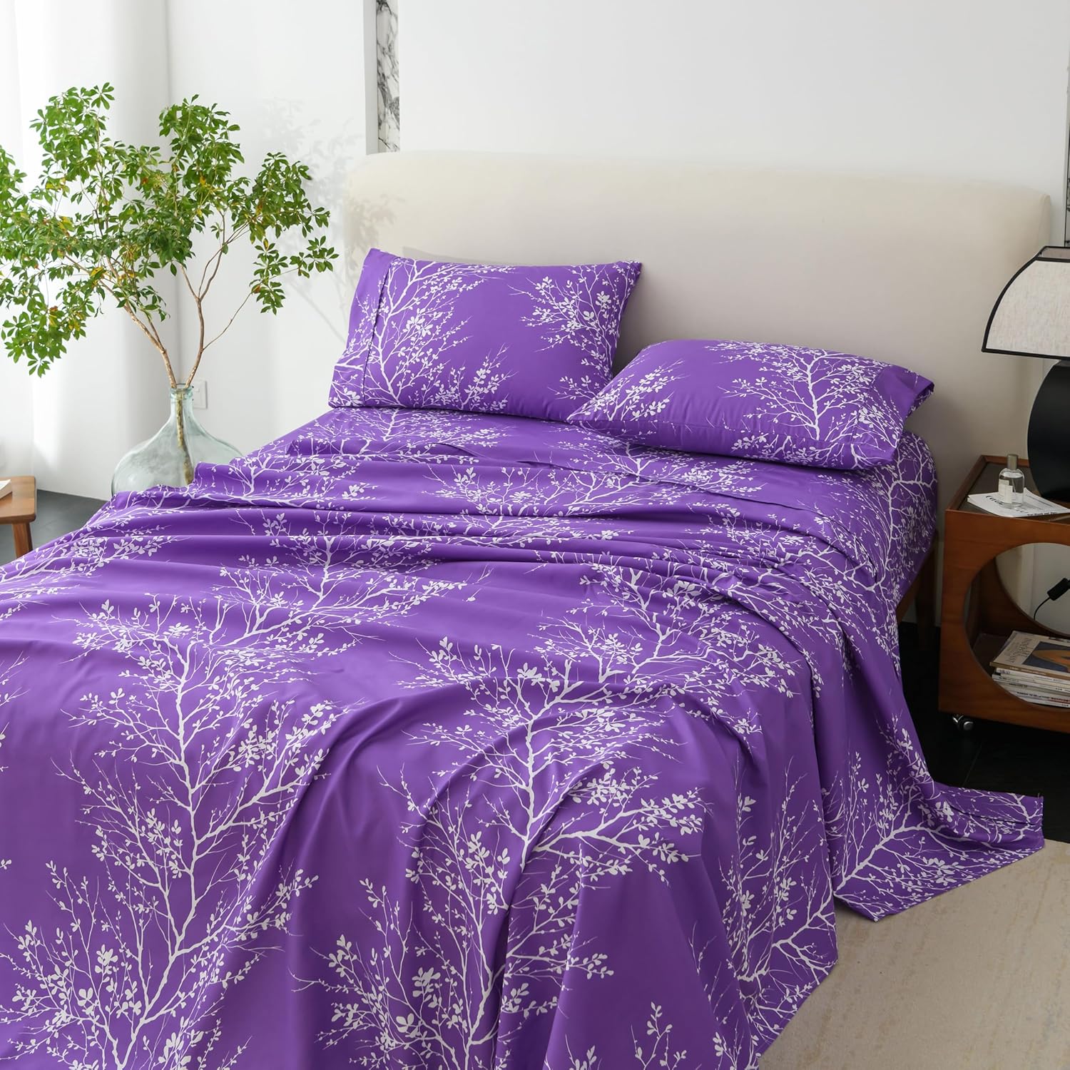 Home extra-large sheet set - pure microfiber four-piece polyester sheet, fitted sheet and pillowcases - extra-large sheets suitable for all seasons (leaf purple/white, extra-large)
