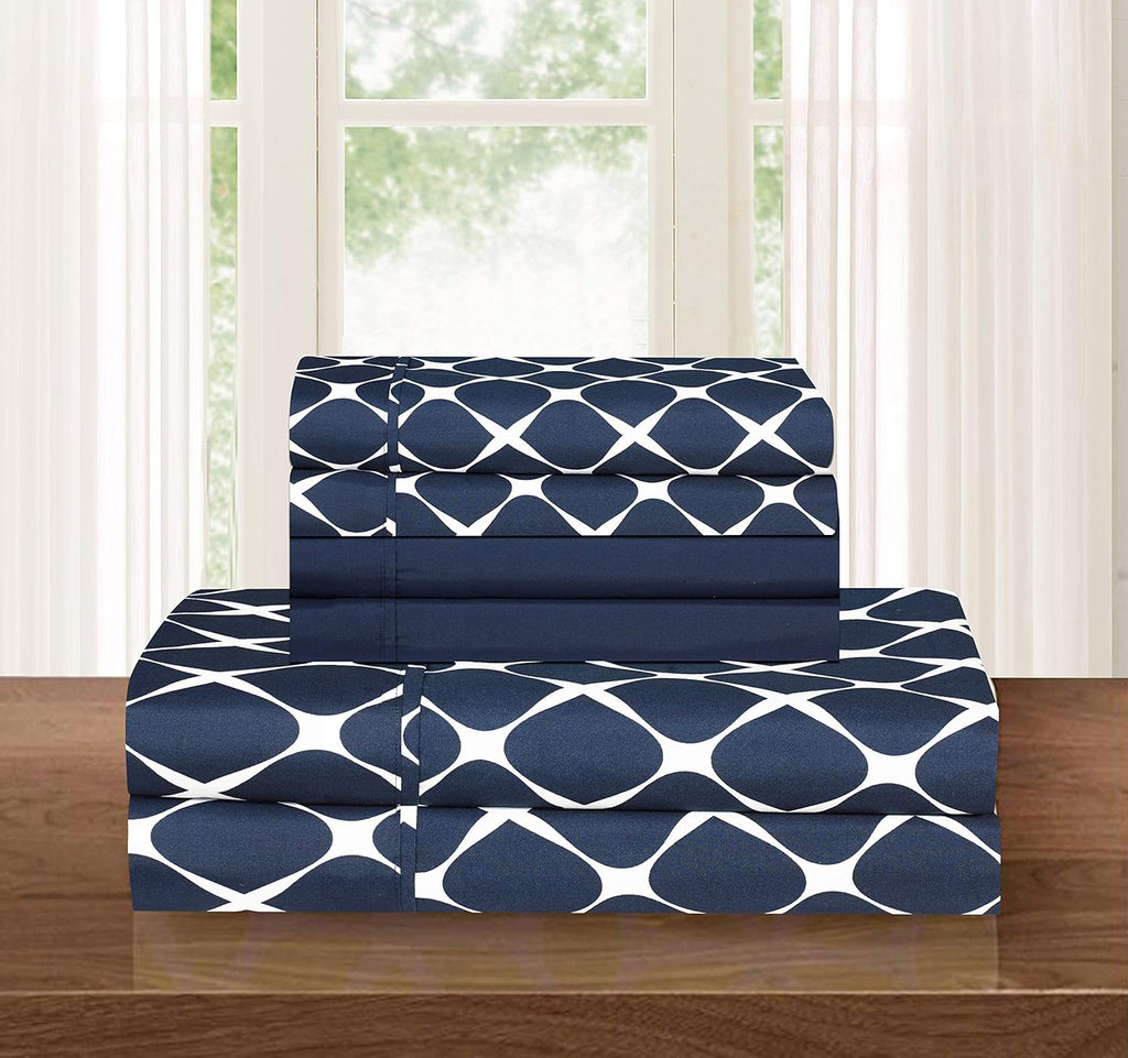 Luxury Soft and Comfortable 4-Piece Sheet Set, Milan Collection, Wrinkle-resistant Plaid Pattern - 1500 Egyptian cotton quality microfiber bedding set, single/king/single, navy blue