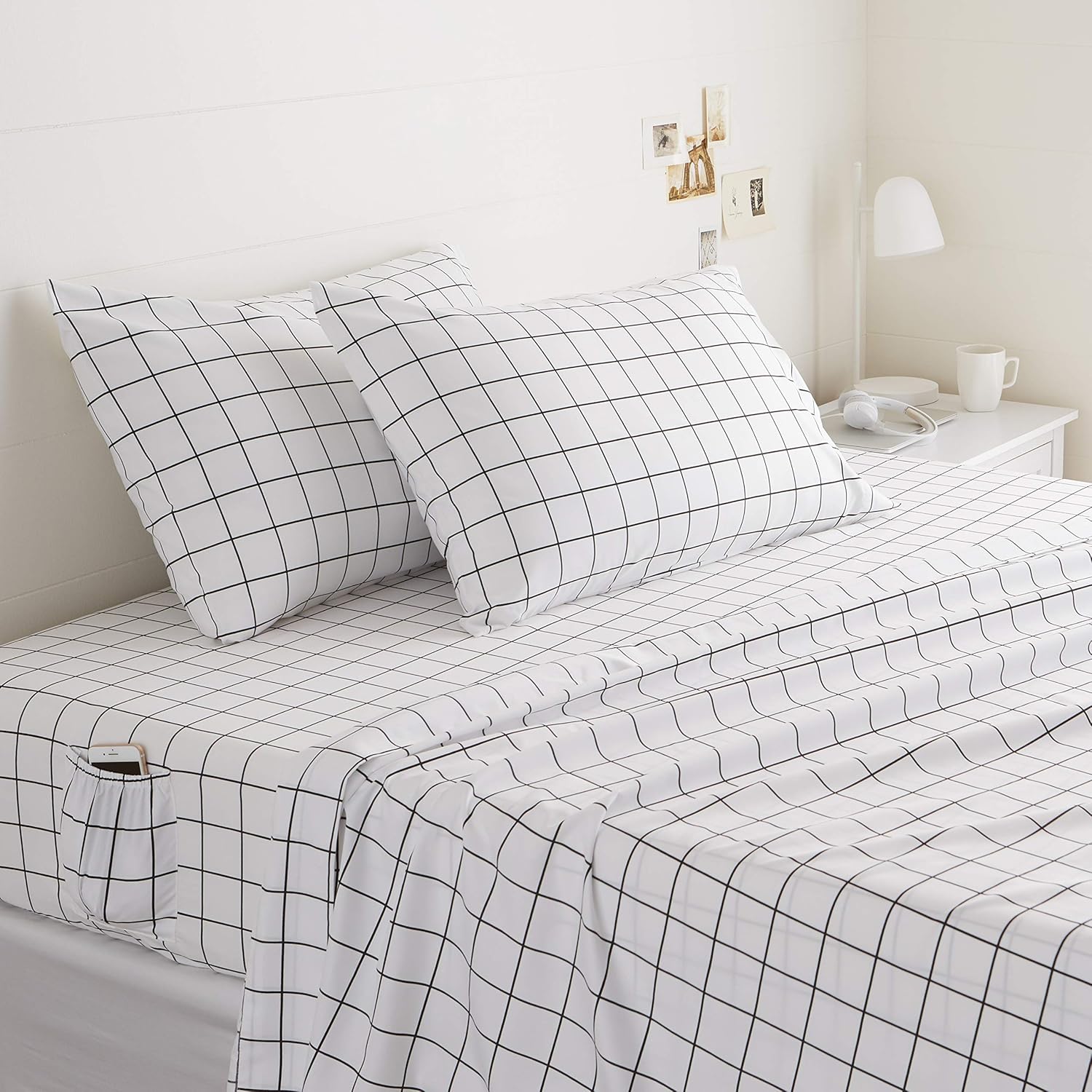Soft microfiber four-piece sheet set, with elastic side pockets, full size, black checkered geometric pattern